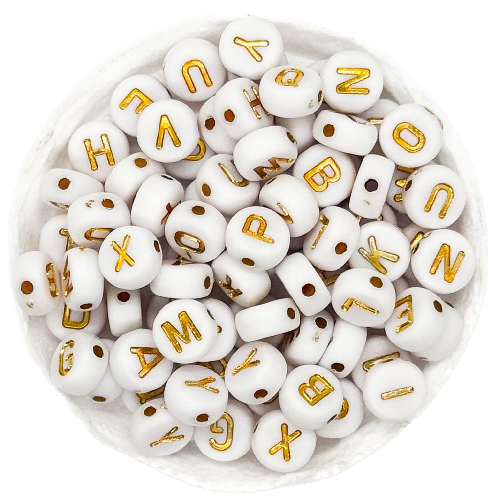 Plástico letras planas 7mm blanca c/dorado x 10grs