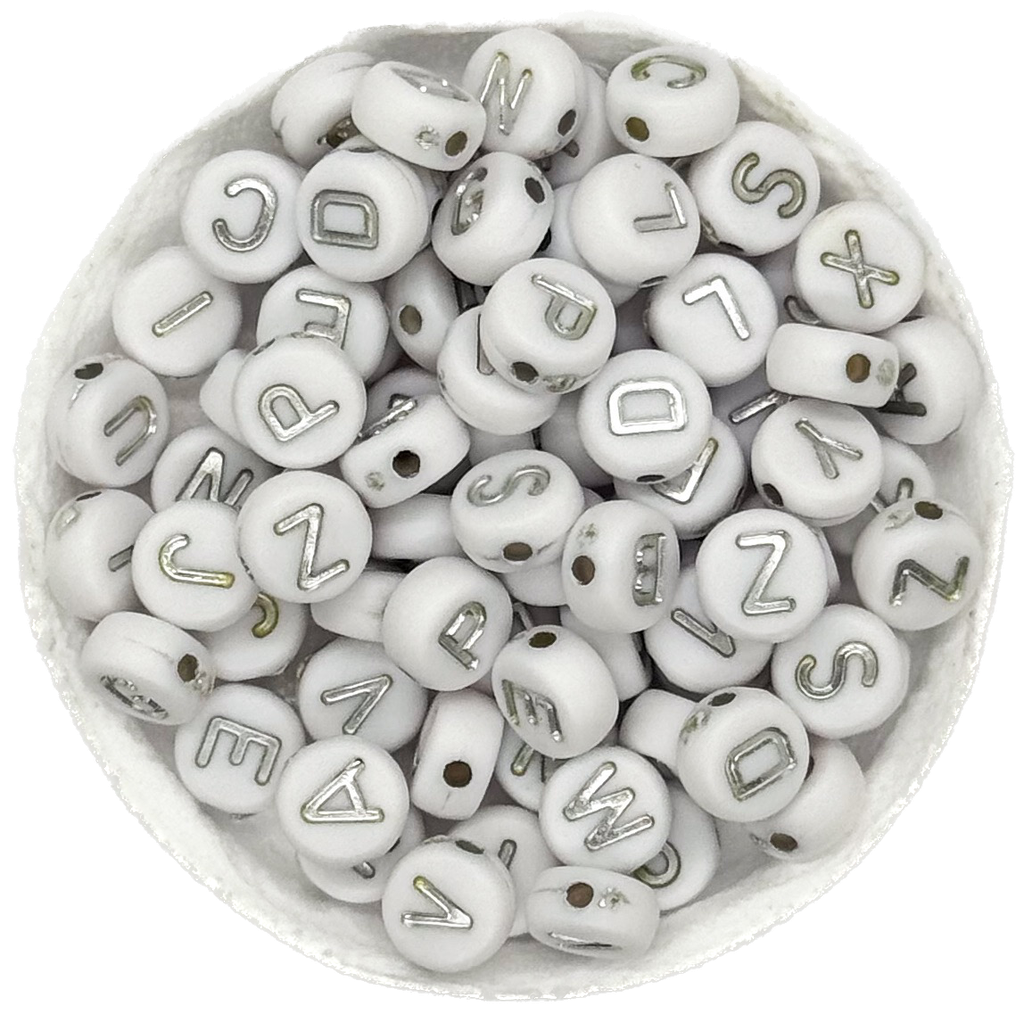 Plástico letras planas 7mm blanca c/plateado x 10grs