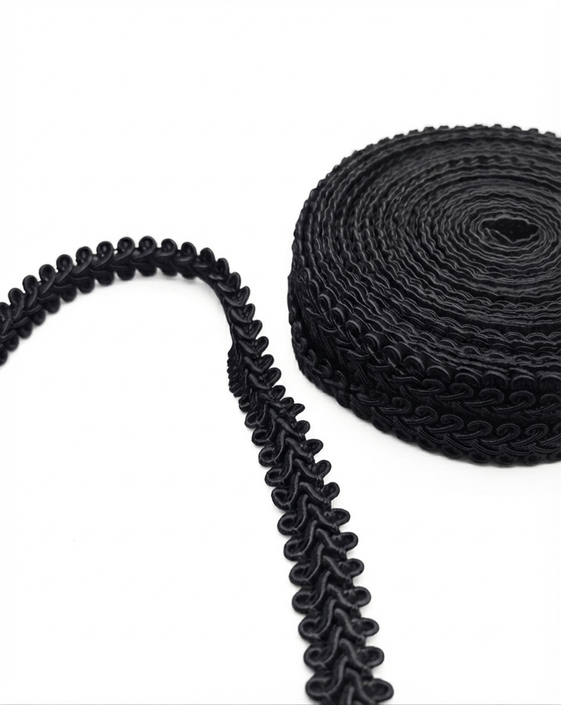 Galón negro poliéster 10mm x 1mt