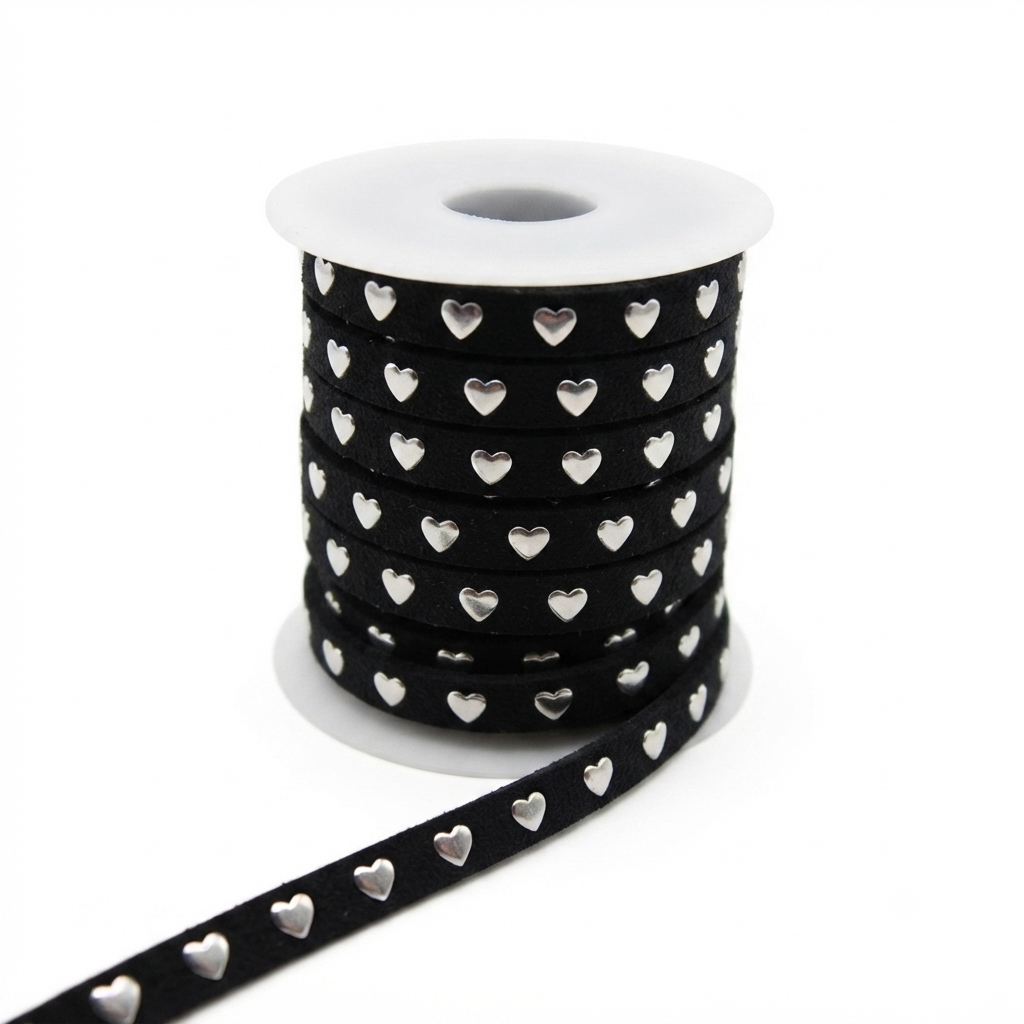 Cinta gamuza negra con corazones plateados 10mm x 1mt 
