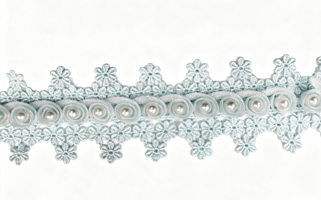 Galón algodón flores chicas aqua con perla x 1mt 