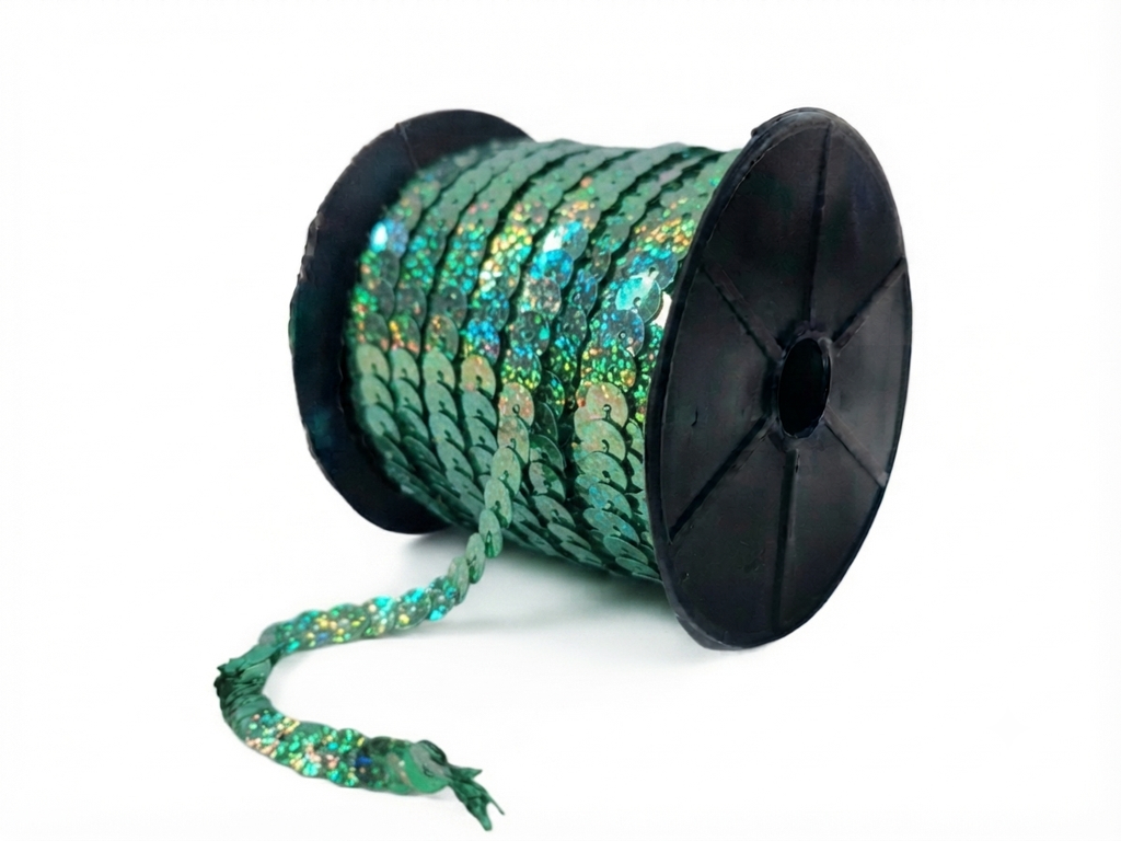 Hilo de lentejuela laser cube 8mm verde x 1mt.   