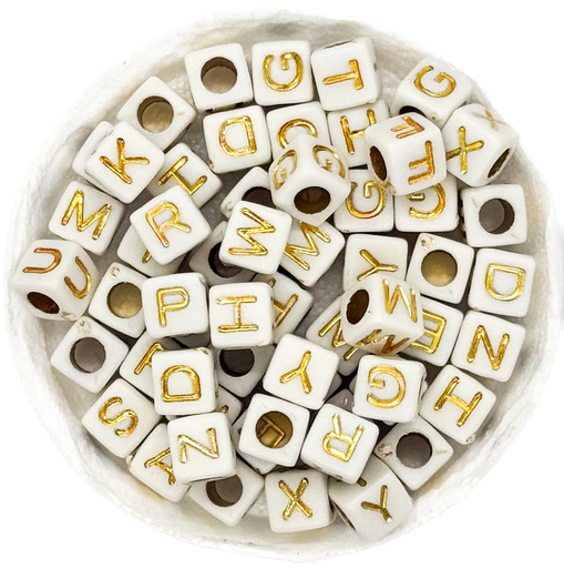 [11682] Plástico letras cubo 7x7mm blanca c/dorado x 10grs.