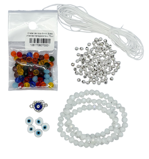 [10513] Set Pulseras 7 chakras 6mm blanco