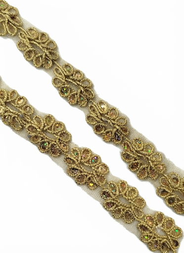 [12960] Galón flores con lentejuelas dorado 25x30mm x 1mt