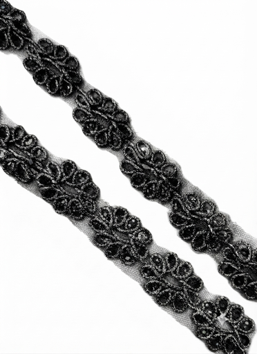 [12960] Galón flores con lentejuelas negro 25x30mm x 1mt 